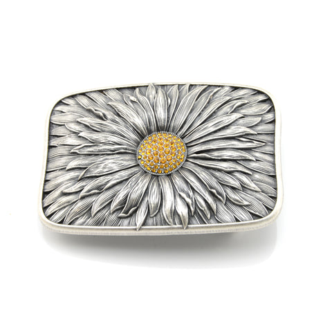 Silver Plated Blooming Daisy Flower Swarovski Rhinestones Belt Buckle