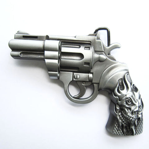 Revolver Gun w/ Skull Tattoo Belt Buckle