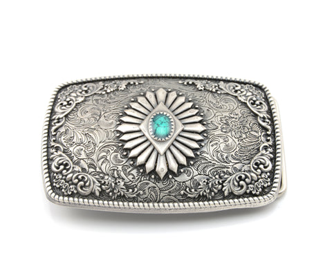 Silver Plated Southwest Pattern Rectangle Belt Buckle
