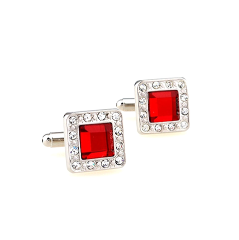 Square Red Stone w/ Clear Rhinestones Stainless Steel Cufflinks