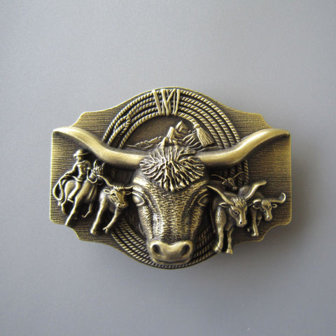 Longhorn Bulls Cowboy Bronze Belt Buckle