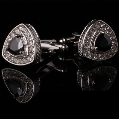 Black Stone w/ Clear Rhinestones Stainless Steel Cufflinks