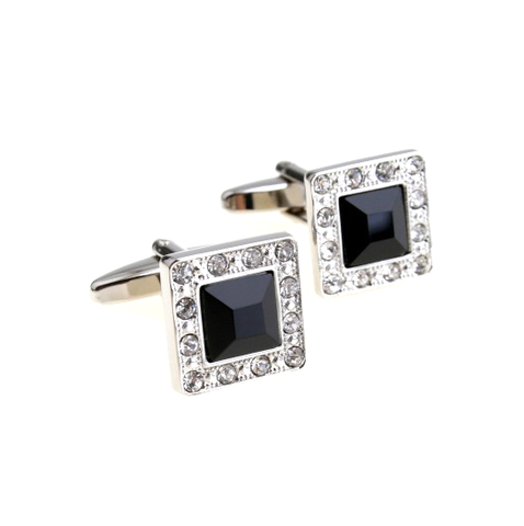 Square Black Stone w/ Clear Rhinestones Stainless Steel Cufflinks