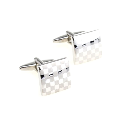 Silver Checked Pattern Stainless Steel Cufflinks