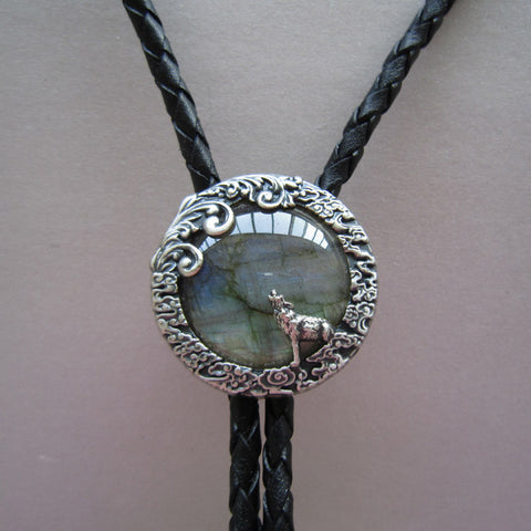 Silver Plated Labradorite Stone Howling Wolf Bolo Tie