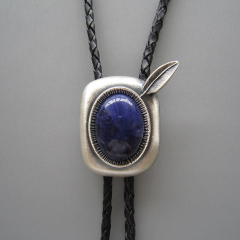 Silver Plated Blue Plessite Stone w/ Feather Bolo Tie