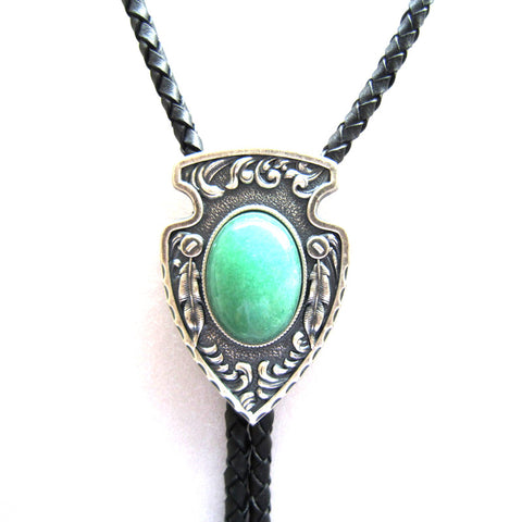 Silver Plated Indian Arrow Green Aventurine Stone Bolo Tie