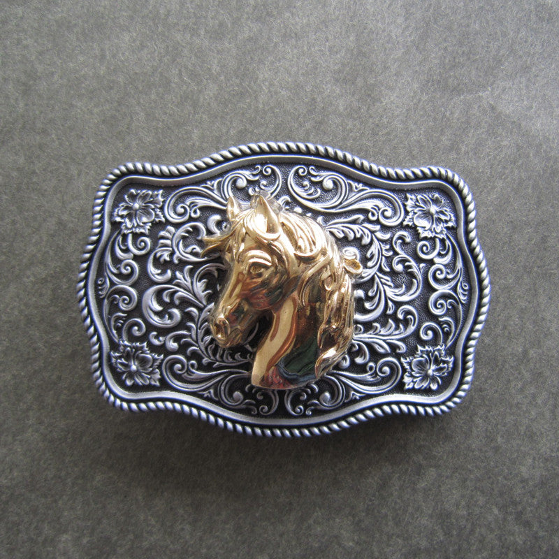 Western Flower Pattern Horse Head Belt Buckle