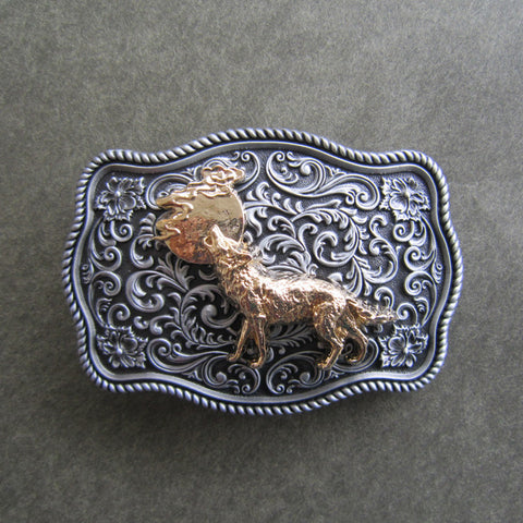 Western Flower Pattern Howling Wolf Moon Belt Buckle