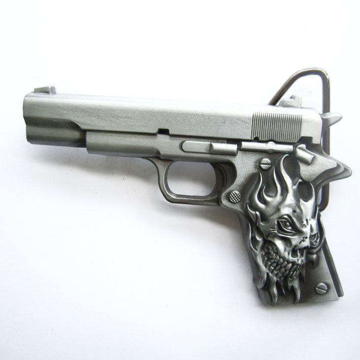 Hand Gun w/ Skull Tattoo Belt Buckle