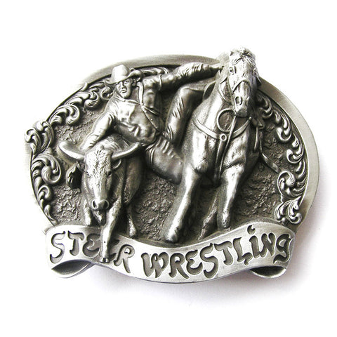 Steer Wrestling Cowboy Rodeo Belt Buckle