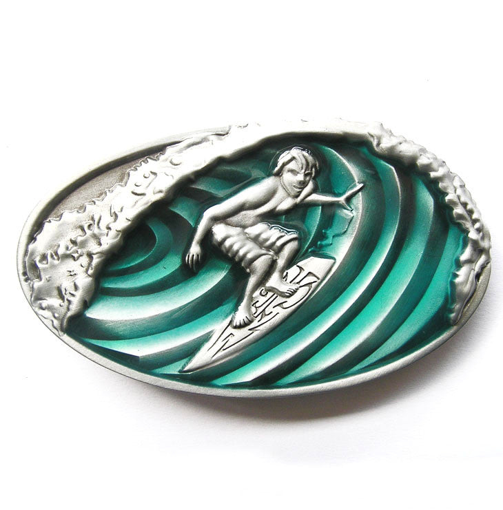 Surfer Surfing Pipeline Belt Buckle