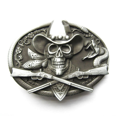 Skull Cowboy and Rifles Belt Buckle