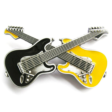 Black and Yellow Crossed Guitars Belt Buckle