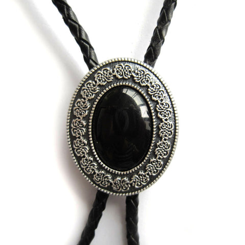 Silver Plated Black Agate Stone Bolo Tie